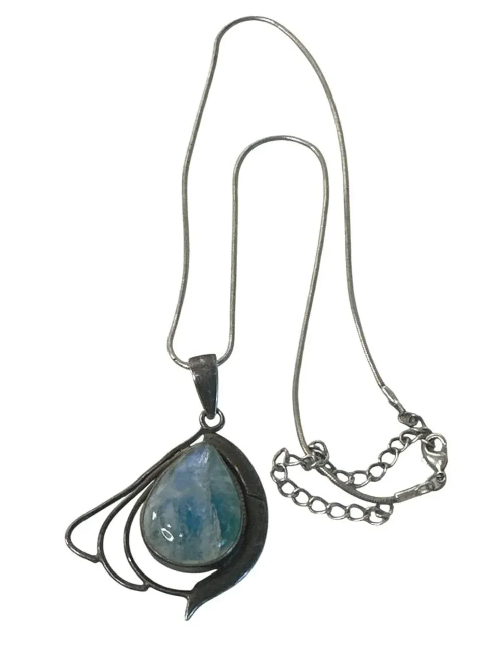 Sterling Silver Necklace Teardrop Blue Stone Pendant Modern Artsy Boho Hippie